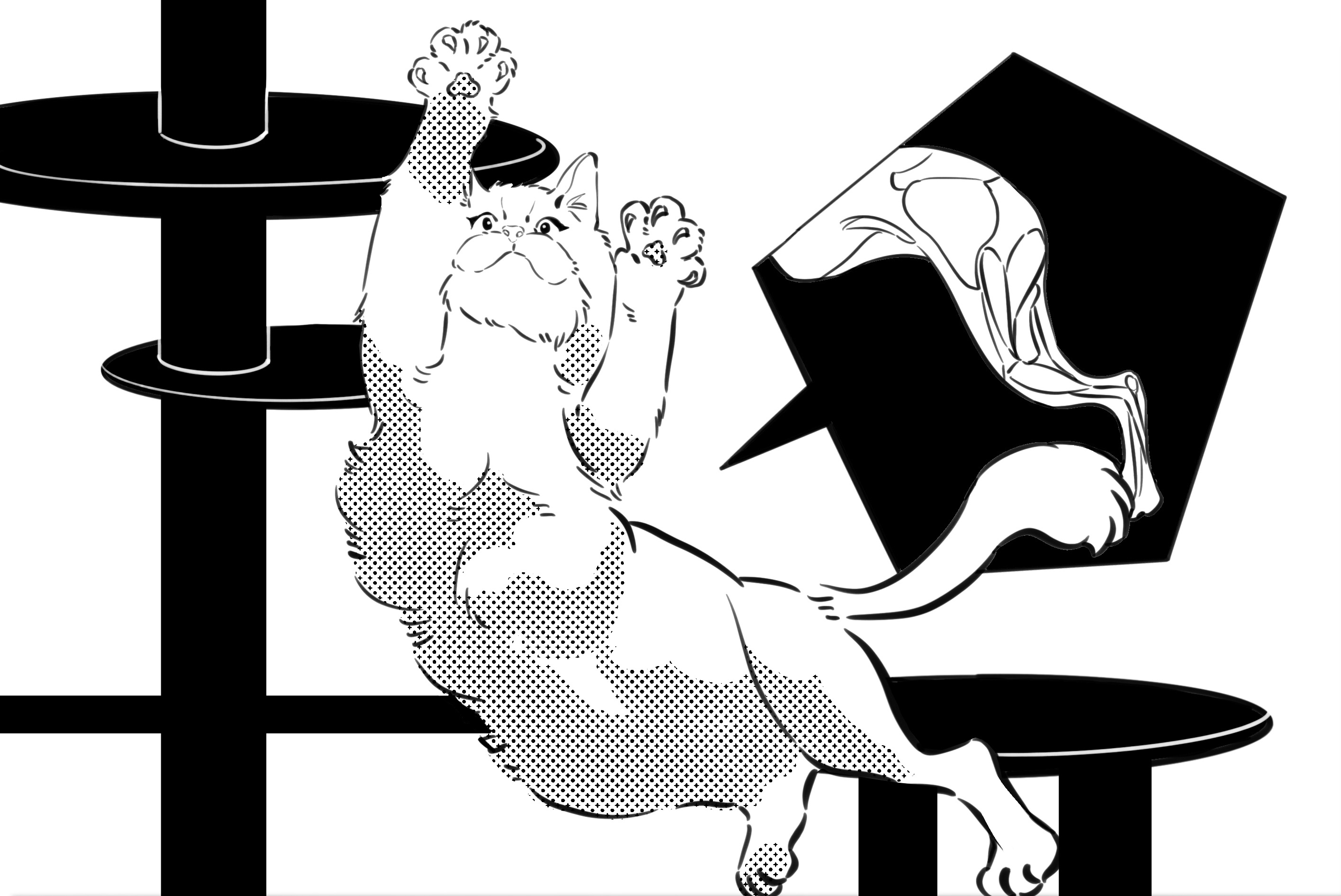 a cat is jumping onto a cat tree